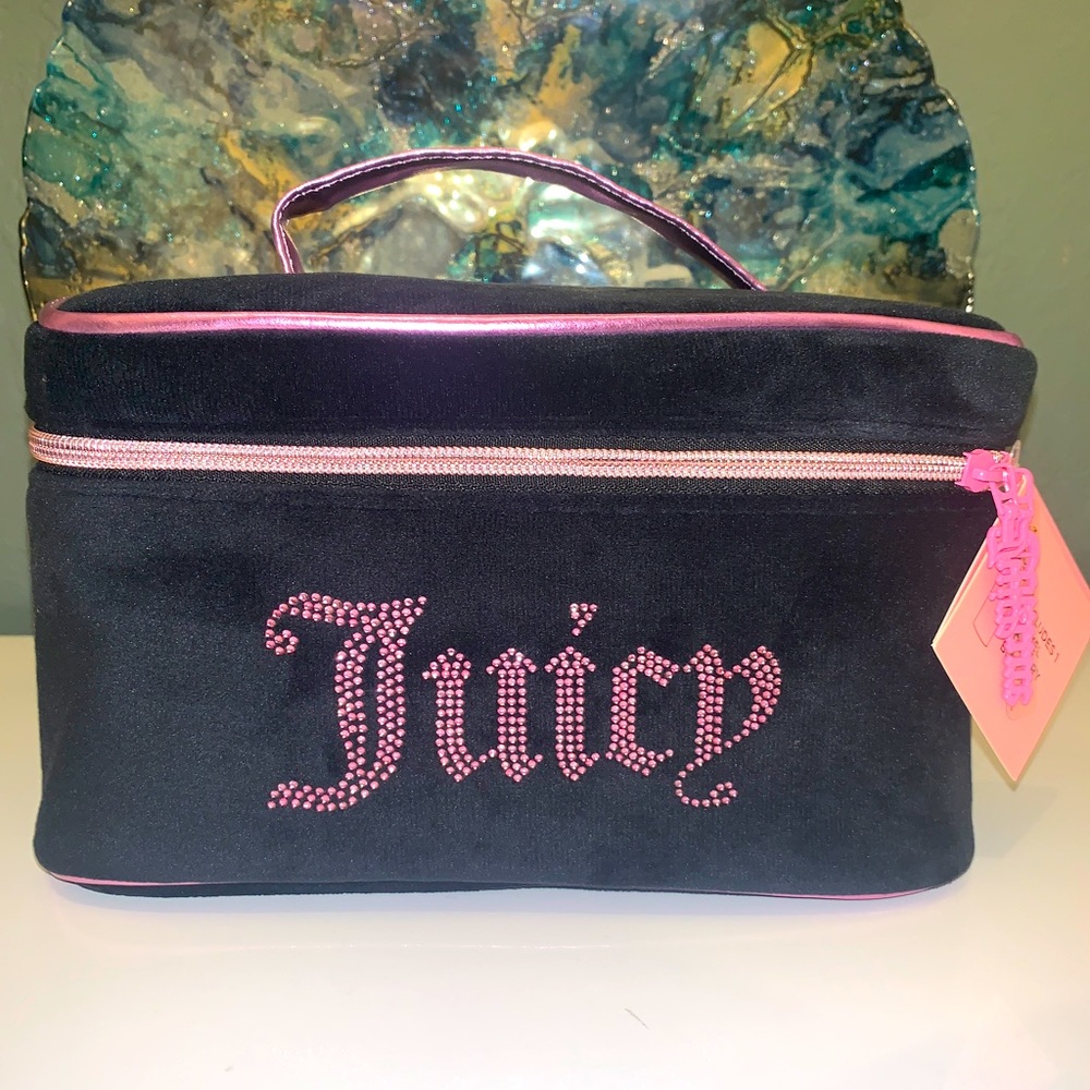 Juicy Couture Makeup Bag Velour Black Pink Train Case Bling NEW